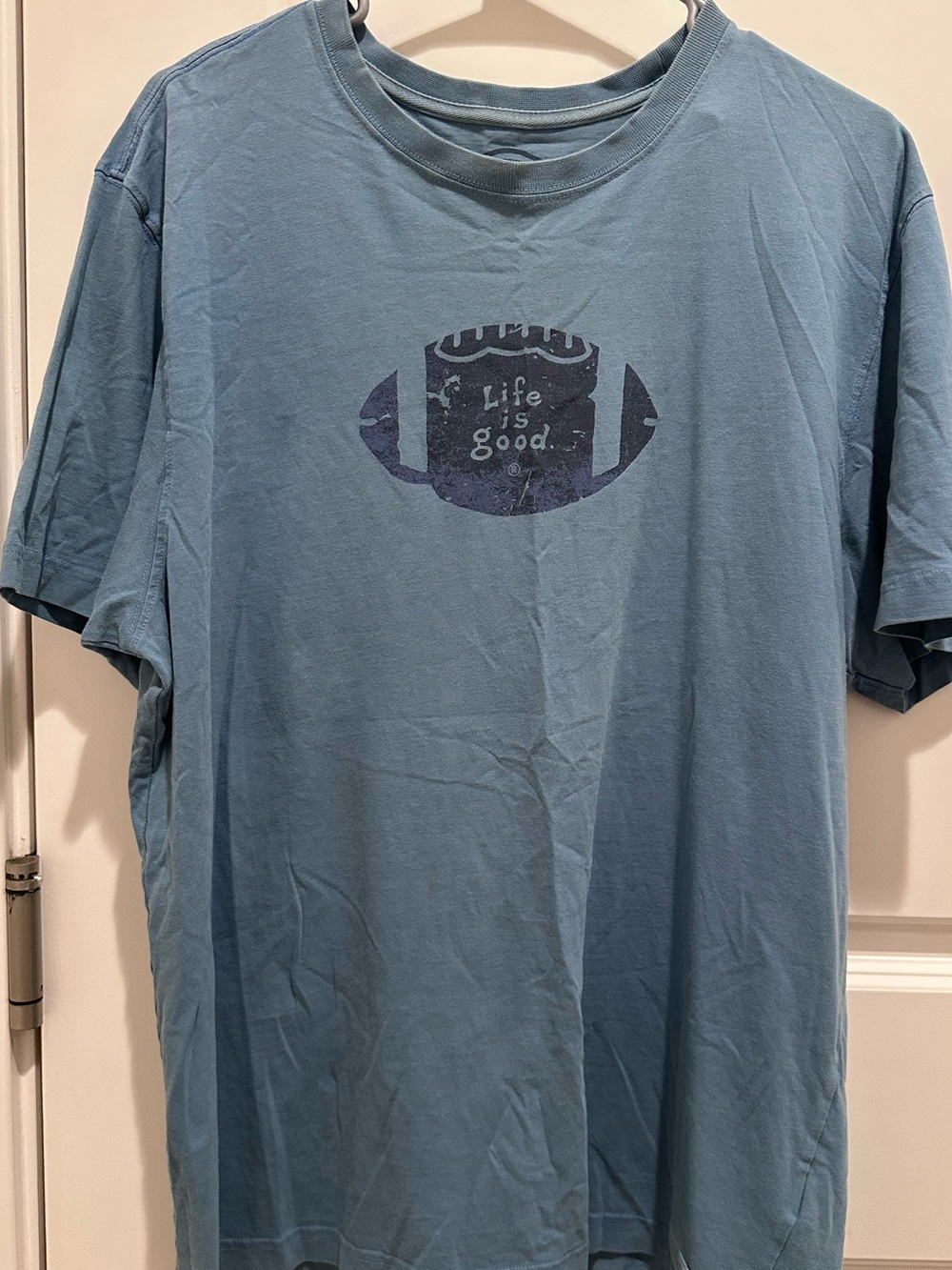 Life Is Good Light Blue Short Sleeve Tee with Football Graphic